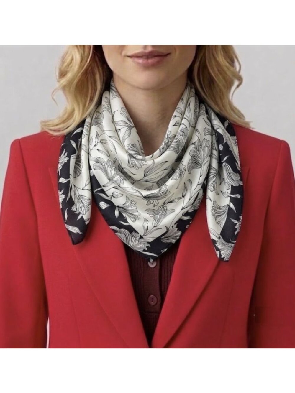 ❤️Silky Square Scarf Soft Bandana Black White Floral Monochrome Elegant Luxury